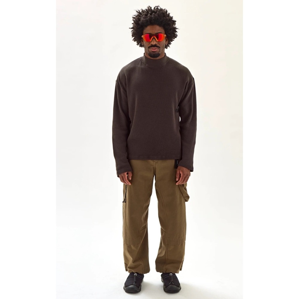 mnml Mens Long Sleeve MS-121 Waffle Knit Mockneck Tee Olive Green Small Oversize